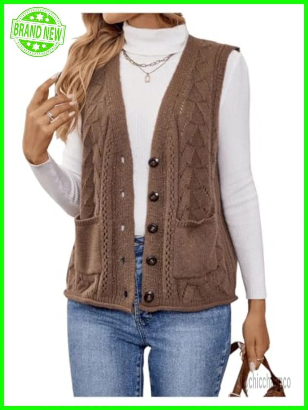 Soft Knitted Vest Cardigan, Button Up, Dual Pockets, Regular Fit